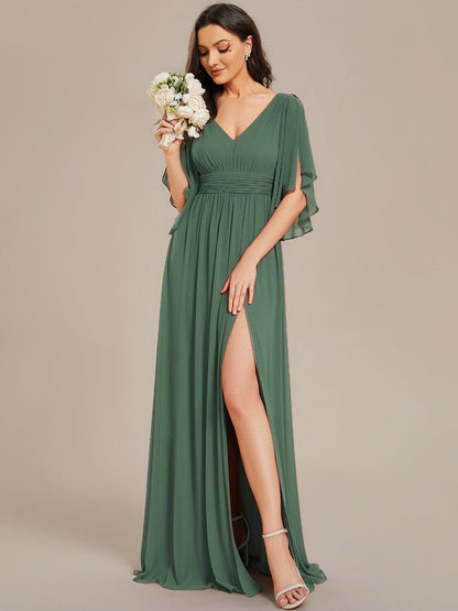 ever ELYAN|Half Sleeve V-Neck Pleated High Slit A-Line Chiffon Bridesmaid Dress