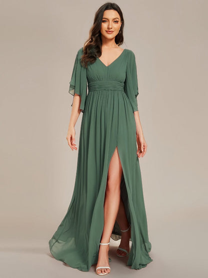 ever ELYAN|Half Sleeve V-Neck Pleated High Slit A-Line Chiffon Bridesmaid Dress