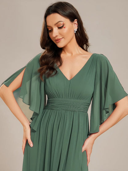 ever ELYAN|Half Sleeve V-Neck Pleated High Slit A-Line Chiffon Bridesmaid Dress