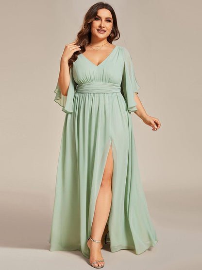 ever ELYAN|Half Sleeve V-Neck Pleated High Slit A-Line Chiffon Bridesmaid Dress