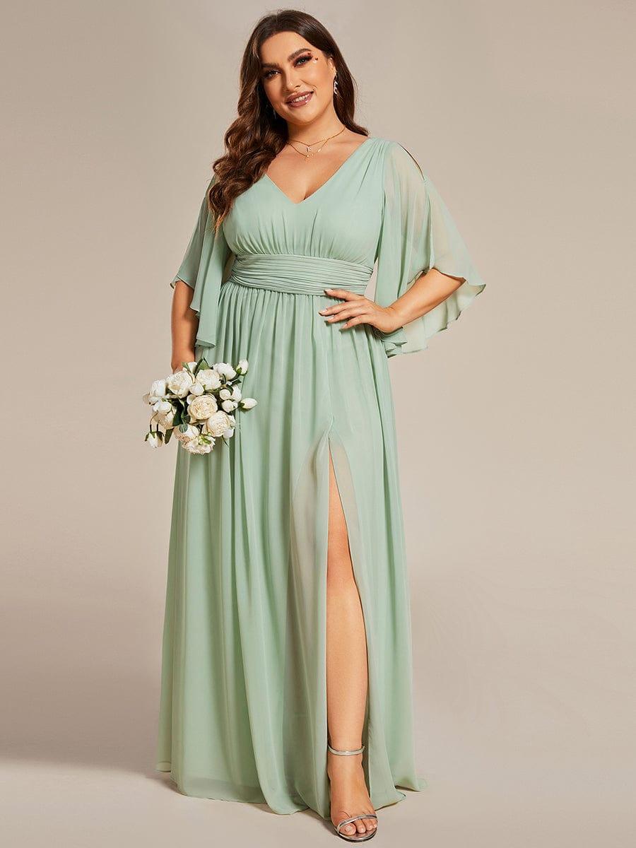 pretty ELYAN|Plus Size Half Sleeve Pleated A-Line V-Neck Chiffon Bridesmaid Dress