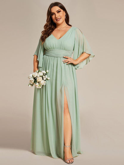 pretty ELYAN|Plus Size Half Sleeve Pleated A-Line V-Neck Chiffon Bridesmaid Dress