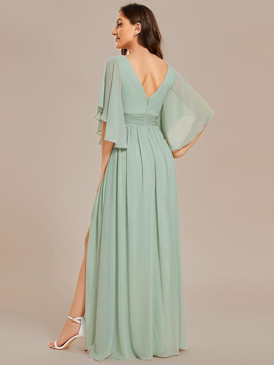 ever ELYAN|Half Sleeve V-Neck Pleated High Slit A-Line Chiffon Bridesmaid Dress