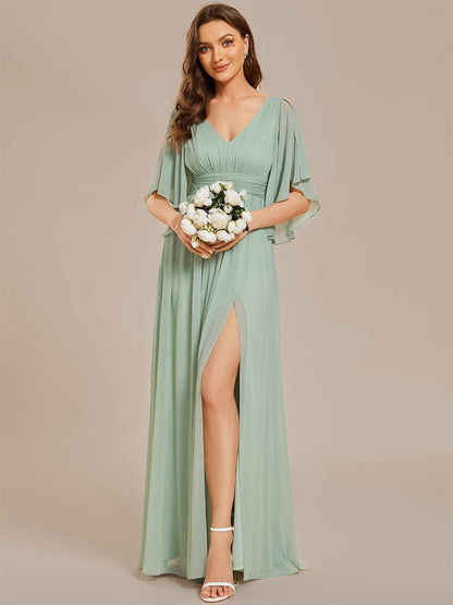 ever ELYAN|Half Sleeve V-Neck Pleated High Slit A-Line Chiffon Bridesmaid Dress