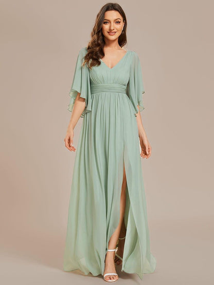 ever ELYAN|Half Sleeve V-Neck Pleated High Slit A-Line Chiffon Bridesmaid Dress