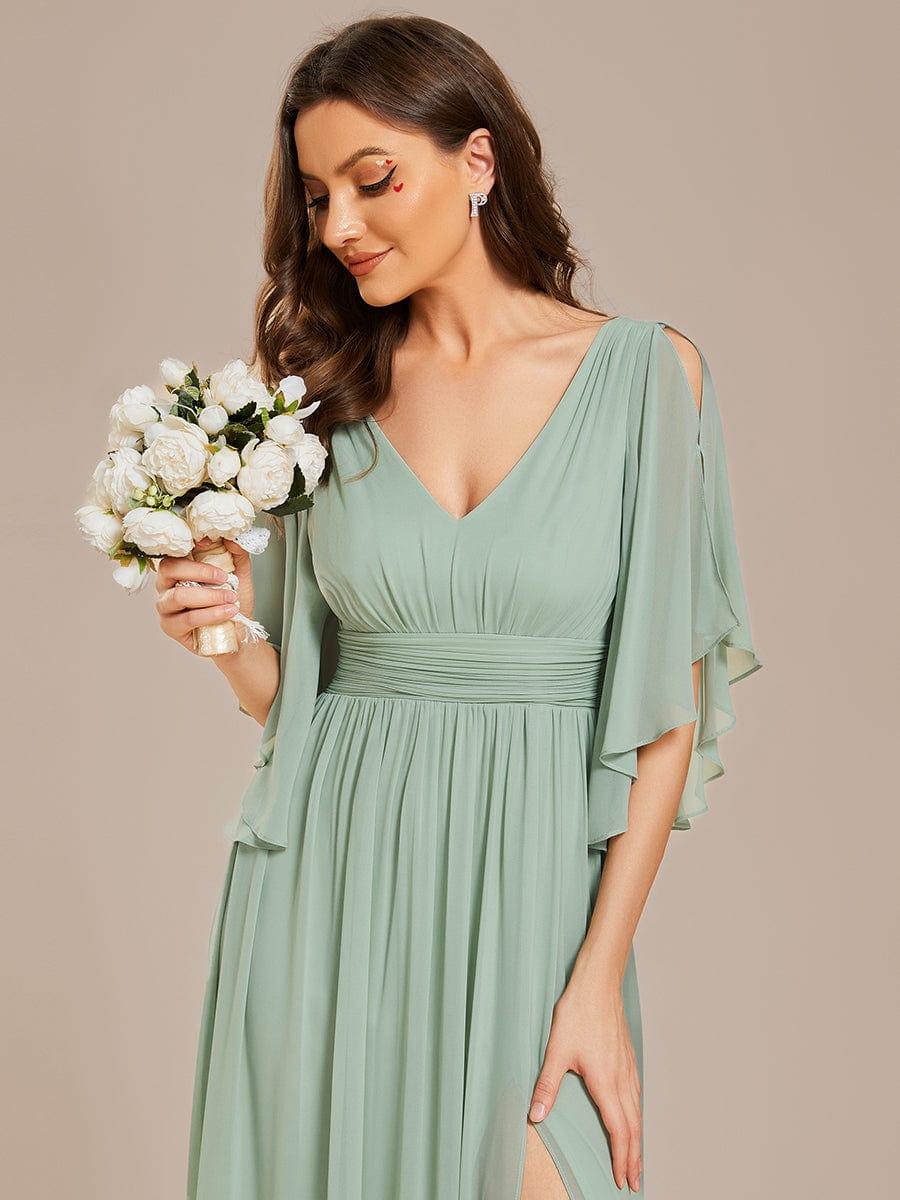 ever ELYAN|Half Sleeve V-Neck Pleated High Slit A-Line Chiffon Bridesmaid Dress