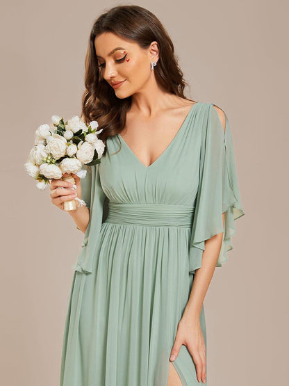 ever ELYAN|Half Sleeve V-Neck Pleated High Slit A-Line Chiffon Bridesmaid Dress