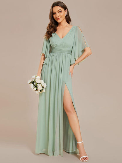 ever ELYAN|Half Sleeve V-Neck Pleated High Slit A-Line Chiffon Bridesmaid Dress