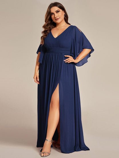 pretty ELYAN|Plus Size Half Sleeve Pleated A-Line V-Neck Chiffon Bridesmaid Dress