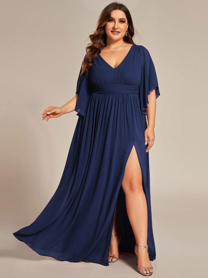 pretty ELYAN|Plus Size Half Sleeve Pleated A-Line V-Neck Chiffon Bridesmaid Dress