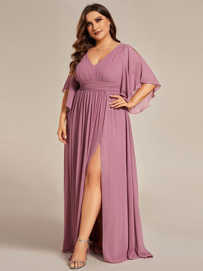 pretty ELYAN|Plus Size Half Sleeve Pleated A-Line V-Neck Chiffon Bridesmaid Dress