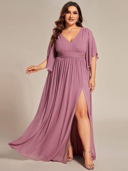 pretty ELYAN|Plus Size Half Sleeve Pleated A-Line V-Neck Chiffon Bridesmaid Dress