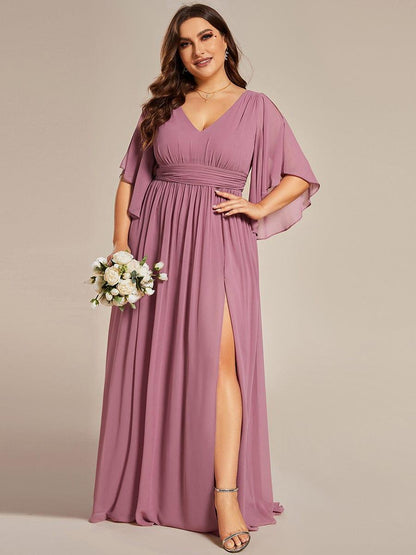 pretty ELYAN|Plus Size Half Sleeve Pleated A-Line V-Neck Chiffon Bridesmaid Dress