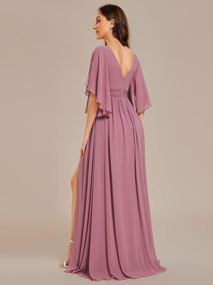 ever ELYAN|Half Sleeve V-Neck Pleated High Slit A-Line Chiffon Bridesmaid Dress