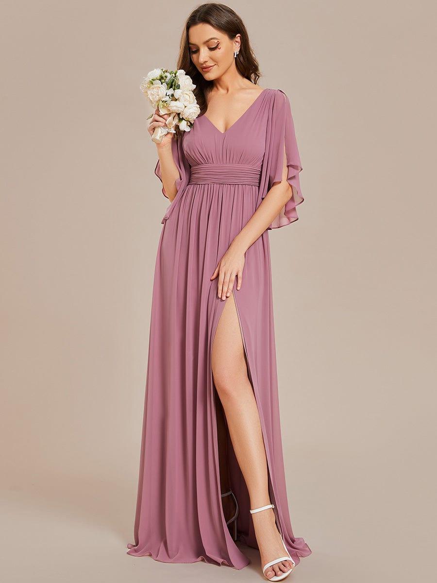 ever ELYAN|Half Sleeve V-Neck Pleated High Slit A-Line Chiffon Bridesmaid Dress