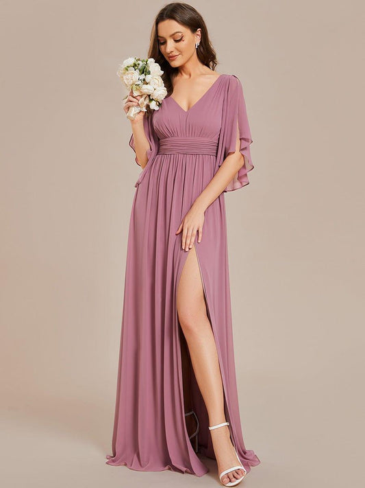 ever ELYAN|Half Sleeve V-Neck Pleated High Slit A-Line Chiffon Bridesmaid Dress