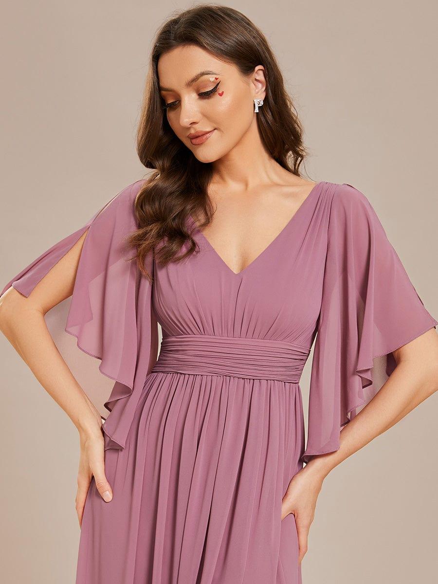 ever ELYAN|Half Sleeve V-Neck Pleated High Slit A-Line Chiffon Bridesmaid Dress