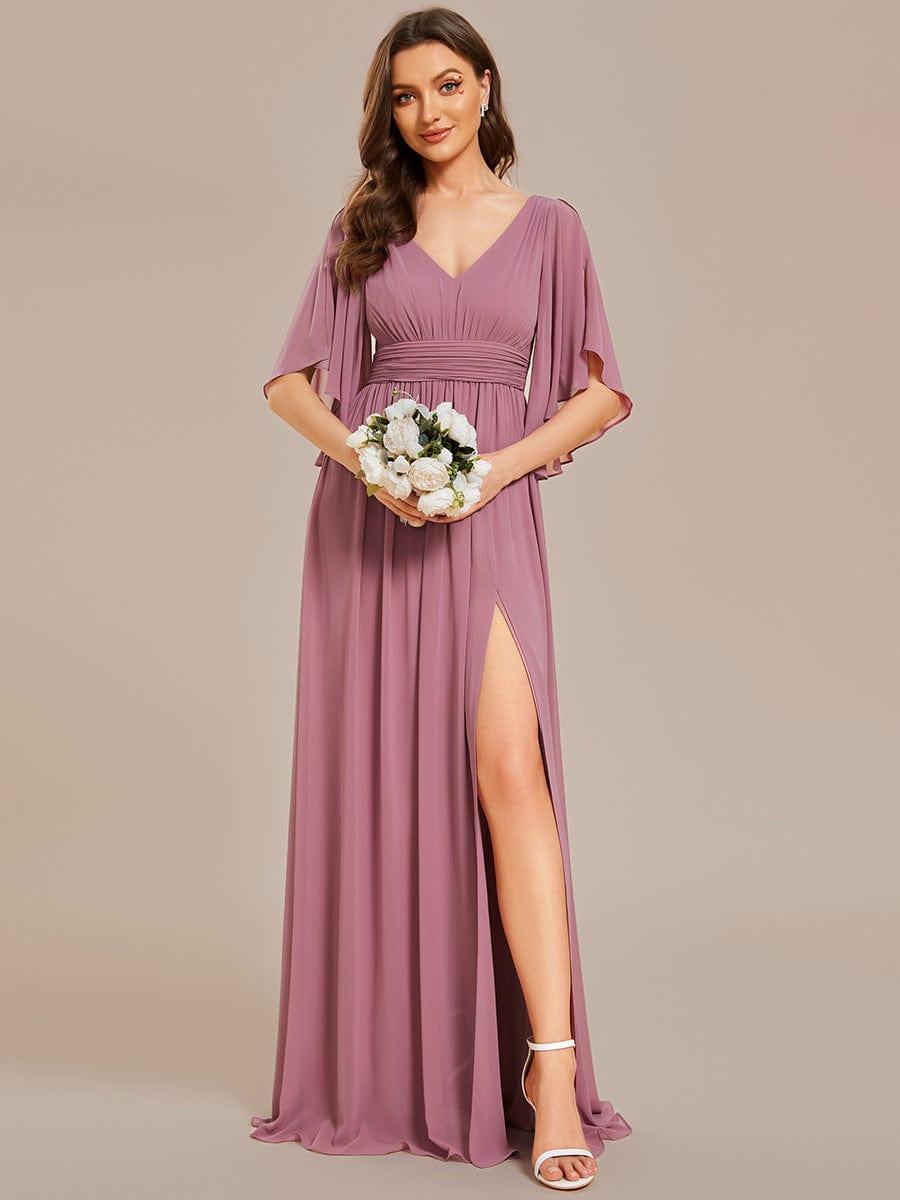 ever ELYAN|Half Sleeve V-Neck Pleated High Slit A-Line Chiffon Bridesmaid Dress