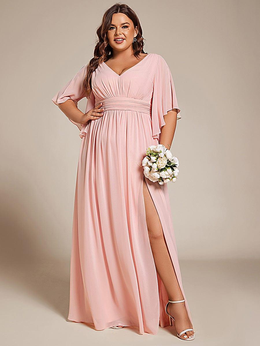 pretty ELYAN|Plus Size Half Sleeve Pleated A-Line V-Neck Chiffon Bridesmaid Dress