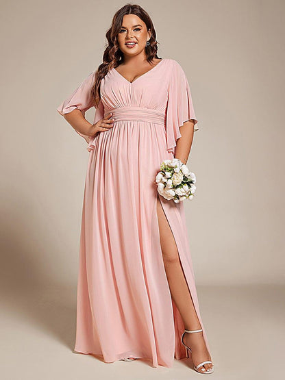 pretty ELYAN|Plus Size Half Sleeve Pleated A-Line V-Neck Chiffon Bridesmaid Dress