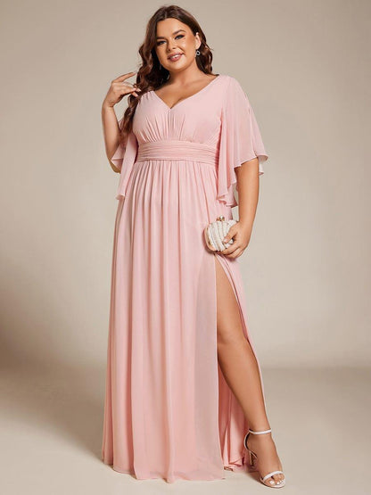 pretty ELYAN|Plus Size Half Sleeve Pleated A-Line V-Neck Chiffon Bridesmaid Dress