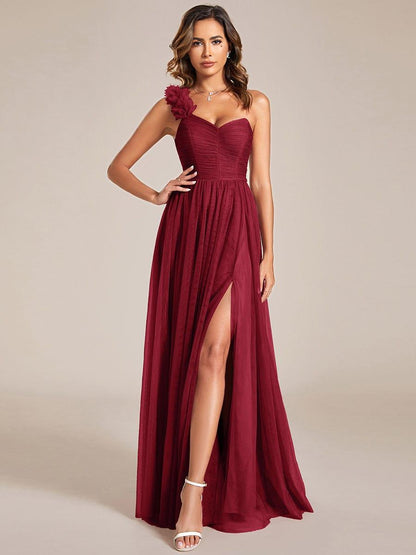 ever CLOE|Sweetheart Neckline One Shoulder with Floral Tulle High Slit Bridesmaid Dress