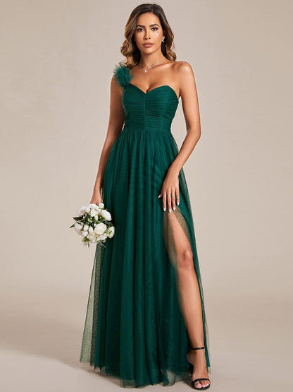 ever CLOE|Sweetheart Neckline One Shoulder with Floral Tulle High Slit Bridesmaid Dress