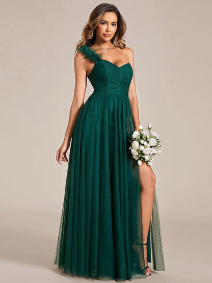 ever CLOE|Sweetheart Neckline One Shoulder with Floral Tulle High Slit Bridesmaid Dress