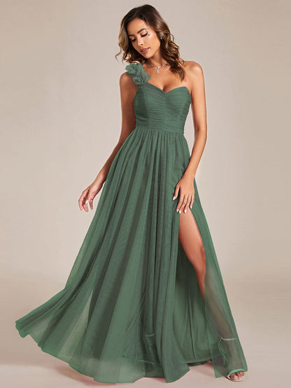 ever CLOE|Sweetheart Neckline One Shoulder with Floral Tulle High Slit Bridesmaid Dress