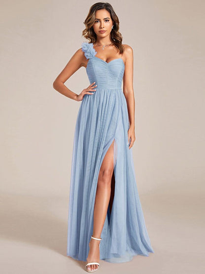 ever CLOE|Sweetheart Neckline One Shoulder with Floral Tulle High Slit Bridesmaid Dress