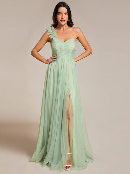 ever CLOE|Sweetheart Neckline One Shoulder with Floral Tulle High Slit Bridesmaid Dress