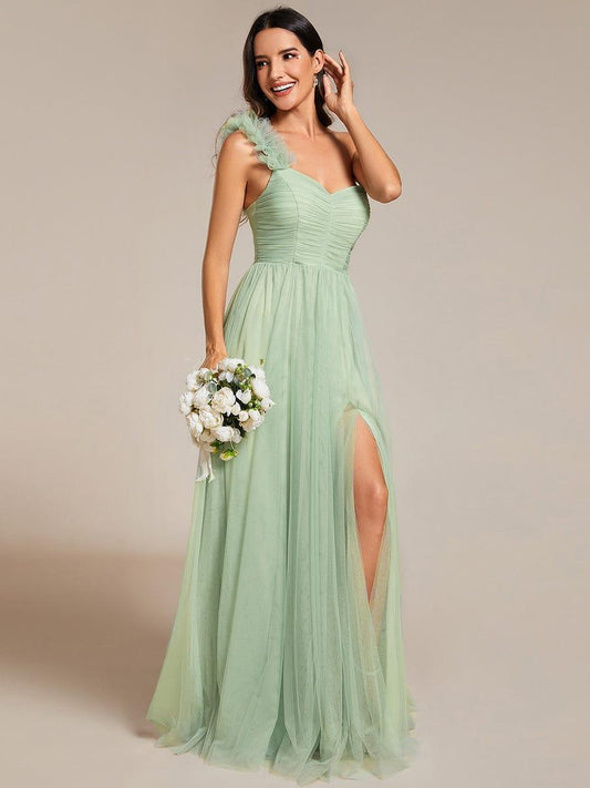 ever CLOE|Sweetheart Neckline One Shoulder with Floral Tulle High Slit Bridesmaid Dress