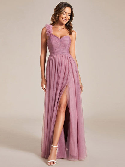 ever CLOE|Sweetheart Neckline One Shoulder with Floral Tulle High Slit Bridesmaid Dress