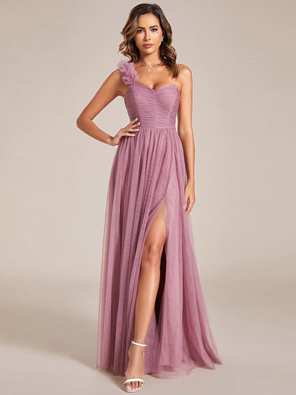 ever CLOE|Sweetheart Neckline One Shoulder with Floral Tulle High Slit Bridesmaid Dress