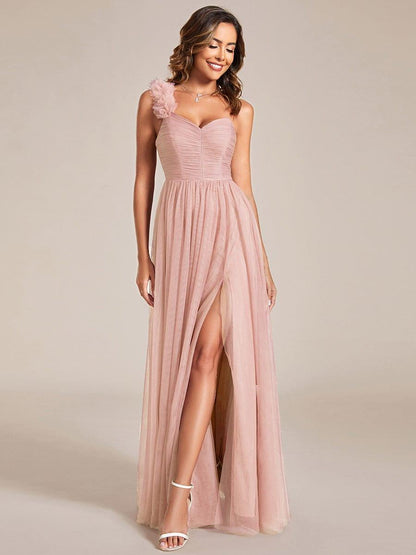 ever CLOE|Sweetheart Neckline One Shoulder with Floral Tulle High Slit Bridesmaid Dress