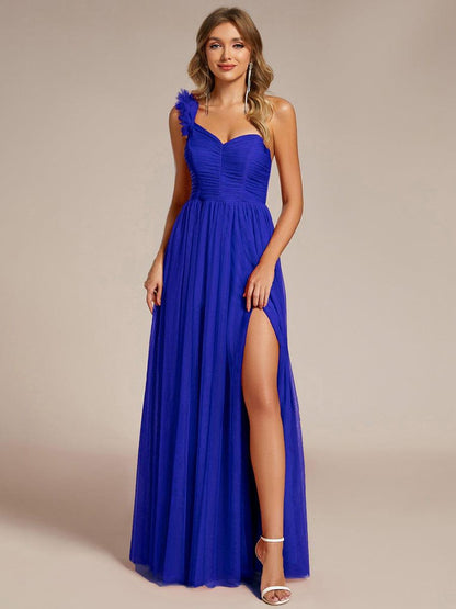 ever CLOE|Sweetheart Neckline One Shoulder with Floral Tulle High Slit Bridesmaid Dress