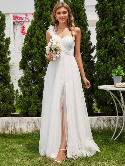 ever CLOE|Sweetheart Neckline One Shoulder with Floral Tulle High Slit Bridesmaid Dress