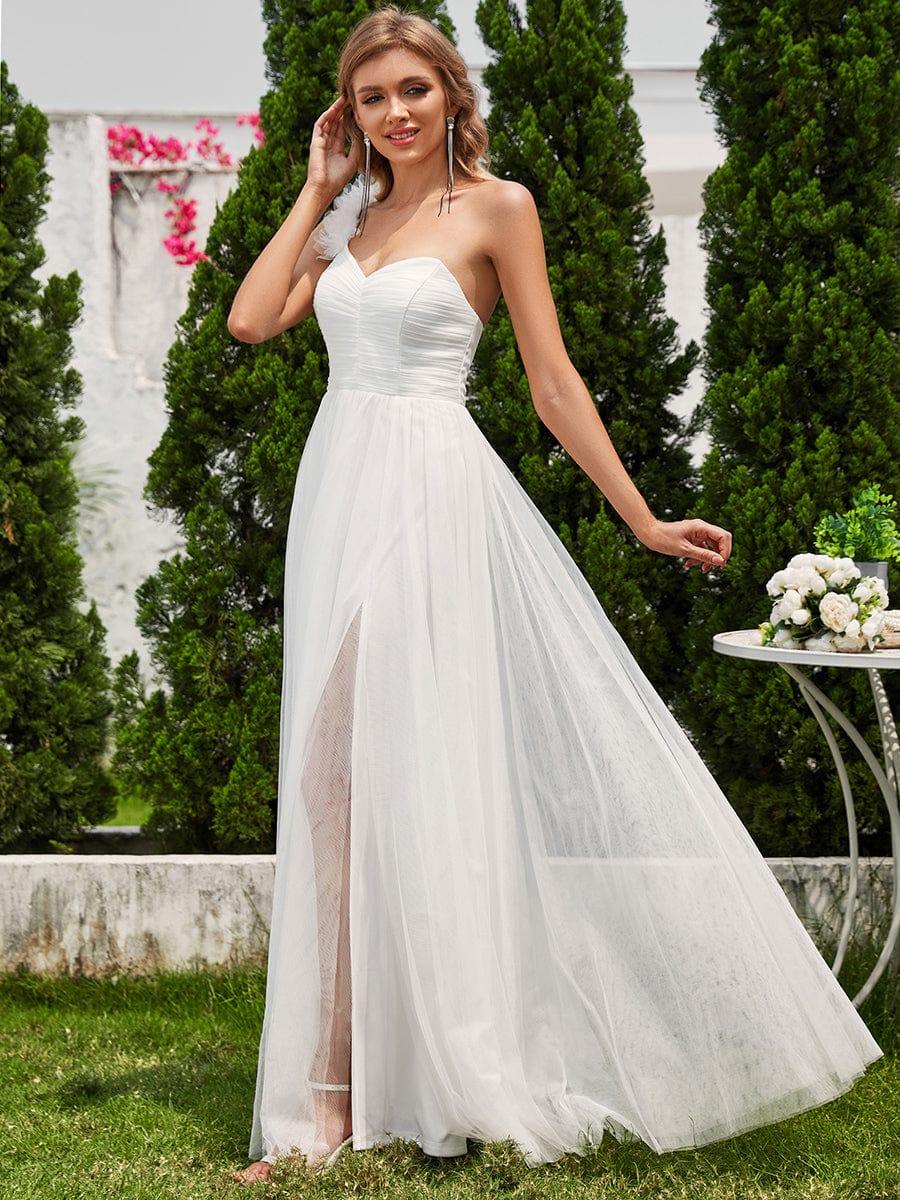 ever CLOE|Sweetheart Neckline One Shoulder with Floral Tulle High Slit Bridesmaid Dress