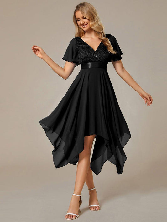 Asymmetrical Hem Empire Waist Short Sleeves Knee-Length Bridesmaid Dress