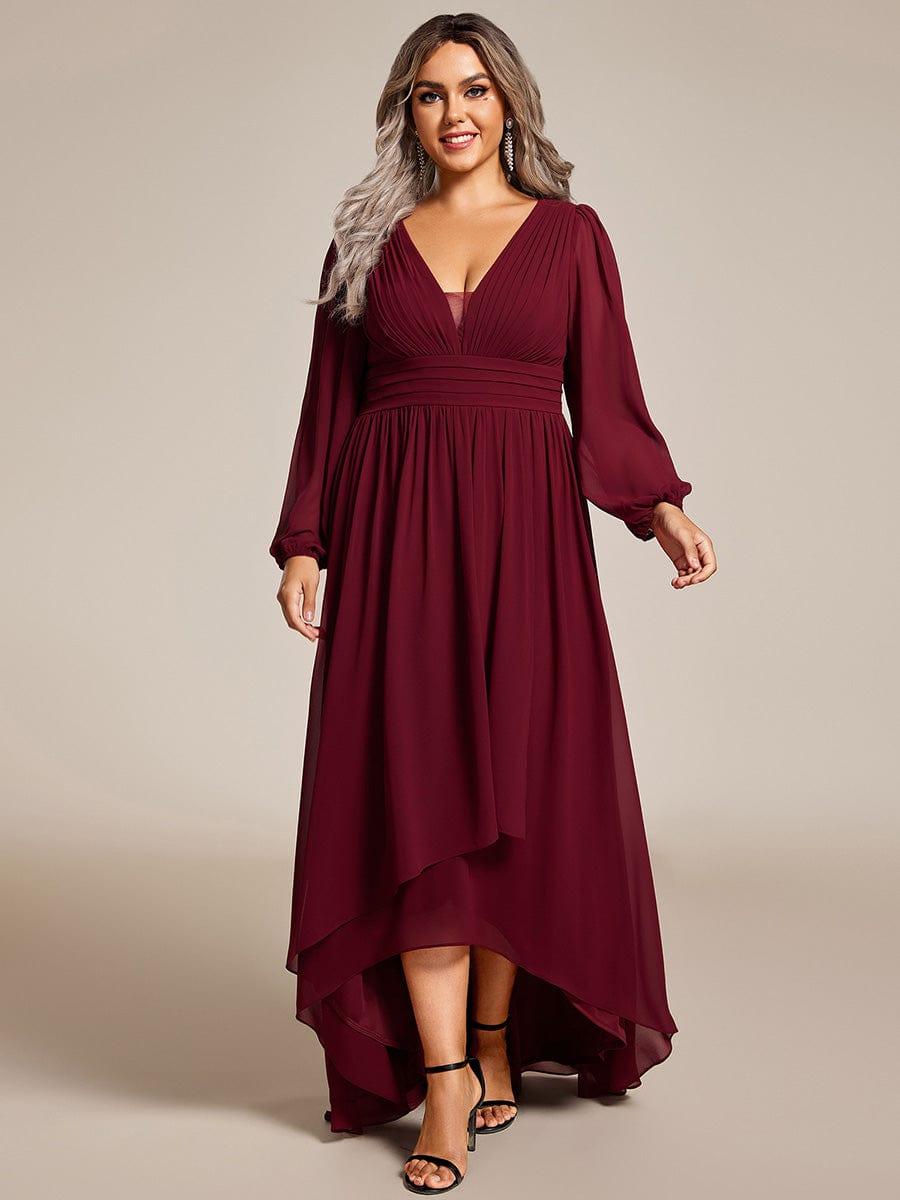 pretty GRIFFIN|Plus Size V-Neck Long Lantern Sleeves A-Line Chiffon Bridesmaid Dress