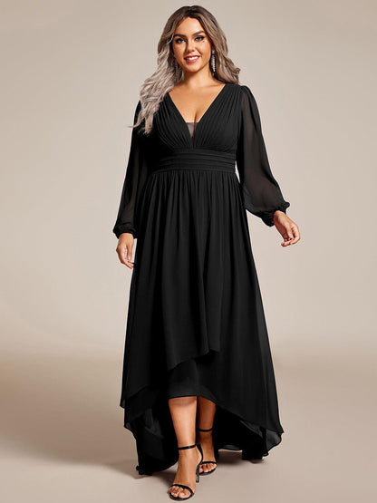 pretty GRIFFIN|Plus Size V-Neck Long Lantern Sleeves A-Line Chiffon Bridesmaid Dress