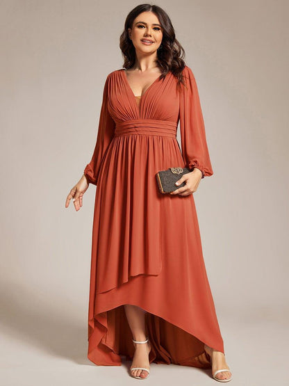 pretty GRIFFIN|Plus Size V-Neck Long Lantern Sleeves A-Line Chiffon Bridesmaid Dress