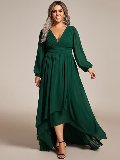 pretty GRIFFIN|Plus Size V-Neck Long Lantern Sleeves A-Line Chiffon Bridesmaid Dress