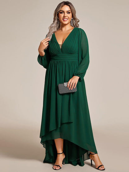 pretty GRIFFIN|Plus Size V-Neck Long Lantern Sleeves A-Line Chiffon Bridesmaid Dress