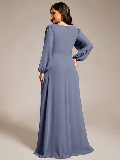 pretty GRIFFIN|Plus Size V-Neck Long Lantern Sleeves A-Line Chiffon Bridesmaid Dress