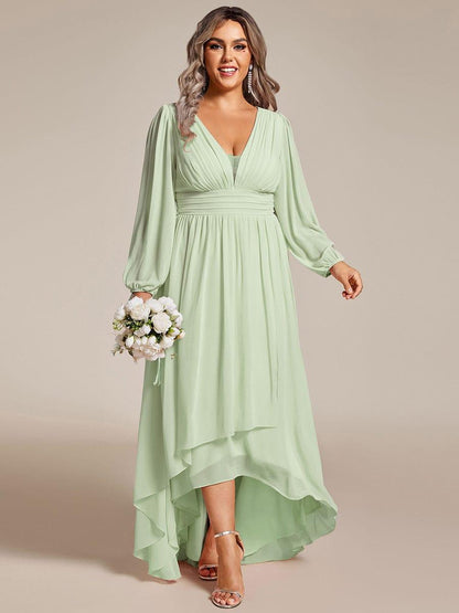 pretty GRIFFIN|Plus Size V-Neck Long Lantern Sleeves A-Line Chiffon Bridesmaid Dress