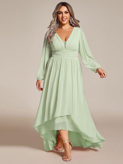 pretty GRIFFIN|Plus Size V-Neck Long Lantern Sleeves A-Line Chiffon Bridesmaid Dress