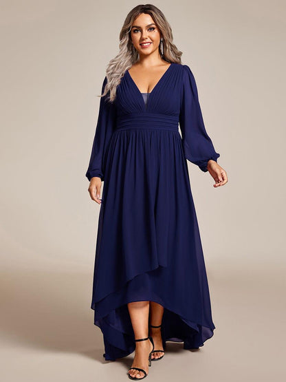 pretty GRIFFIN|Plus Size V-Neck Long Lantern Sleeves A-Line Chiffon Bridesmaid Dress