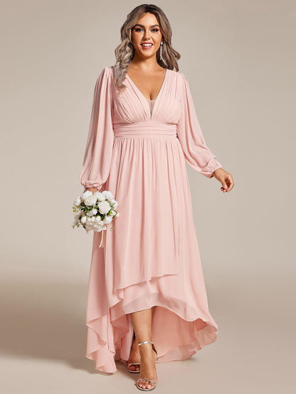pretty GRIFFIN|Plus Size V-Neck Long Lantern Sleeves A-Line Chiffon Bridesmaid Dress