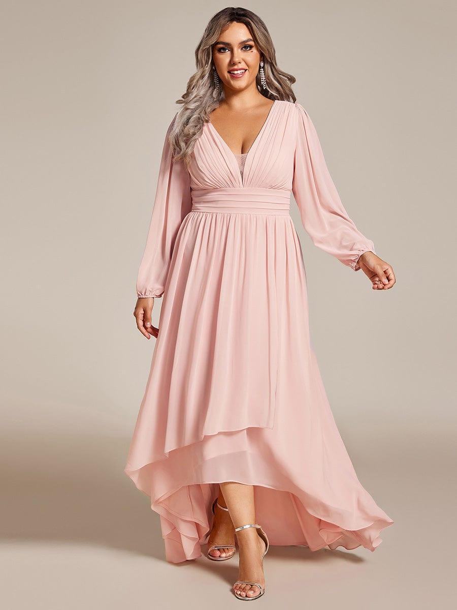 pretty GRIFFIN|Plus Size V-Neck Long Lantern Sleeves A-Line Chiffon Bridesmaid Dress